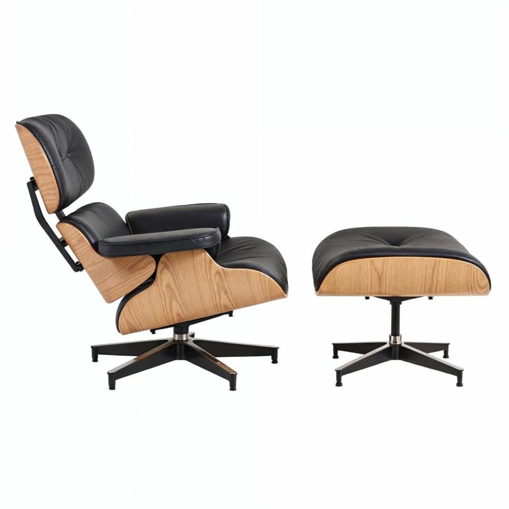 Eames Chair & Stool Black Leather Natural - Image 3