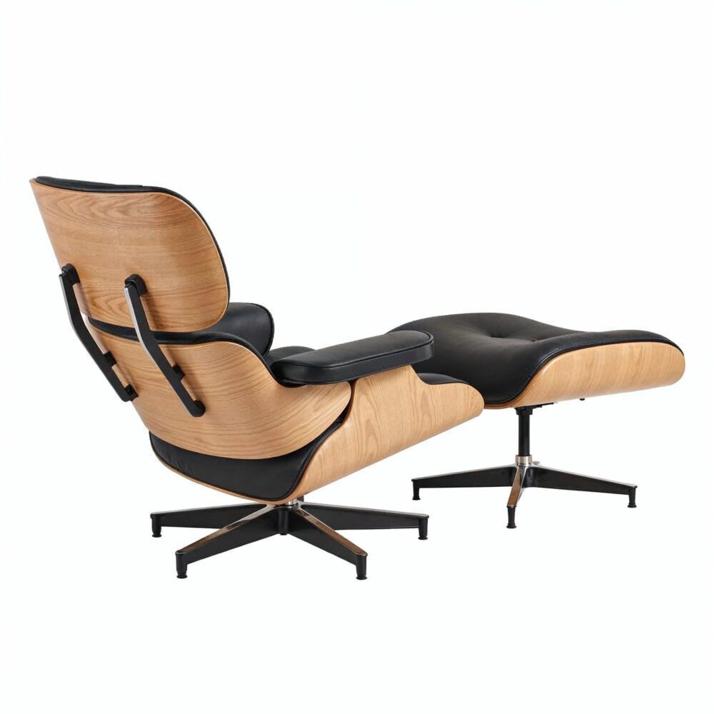 Eames Chair & Stool Black Leather Natural - Image 4